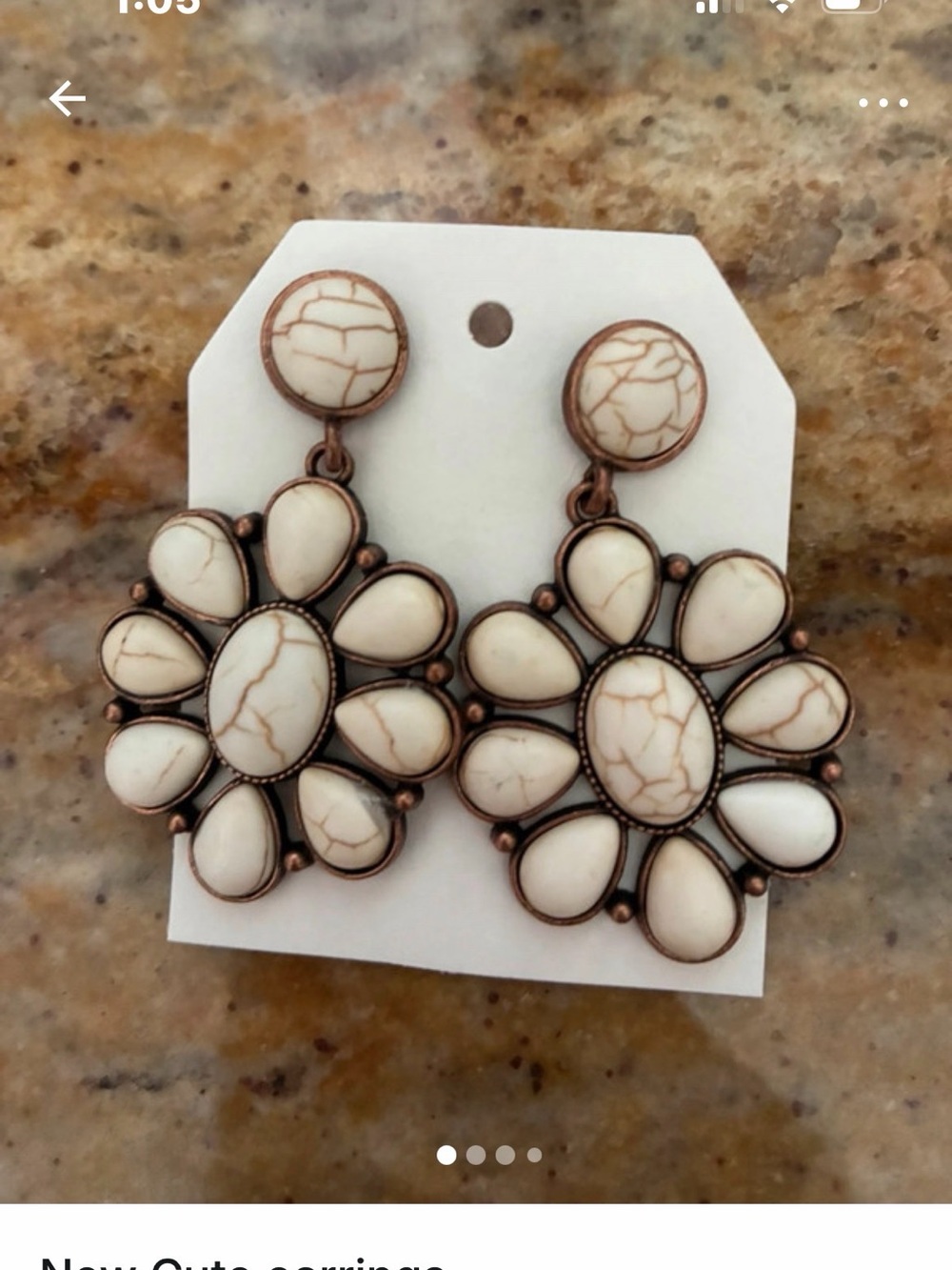 Source Unknown Copper-Tone Floral Earrings with Cream Marbled Stones